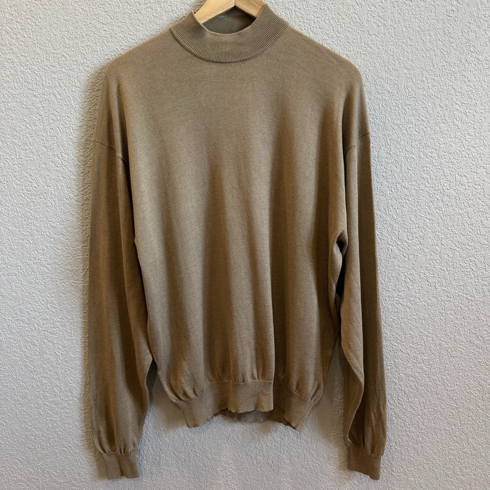 Pronto Uomo Mens Large Silk Cotton Tan Mock Neck Long Sleeve Lightweight Sweater